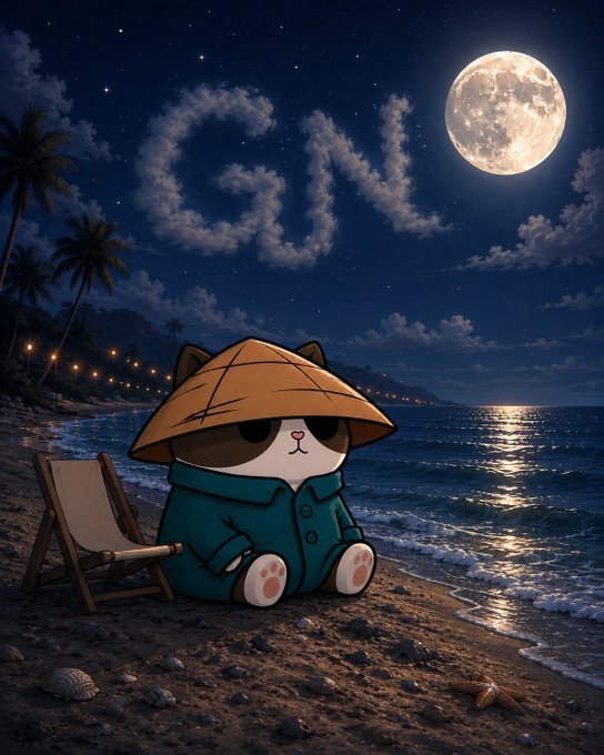 The image features a cartoon cat sitting on a beach at night, wearing an orange hat with "GNGN" written on it. The cat appears to be looking out towards the ocean or the sea under the moonlight. In the background, there are palm trees and a full moon visible in the sky.