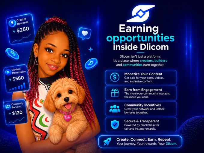 A promotional advertisement for 'Dlicom' platform featuring a woman holding a puppy, highlighting earning opportunities with rewards like 'Creator Rewards +$250' and 'Content Monetization +$580'.