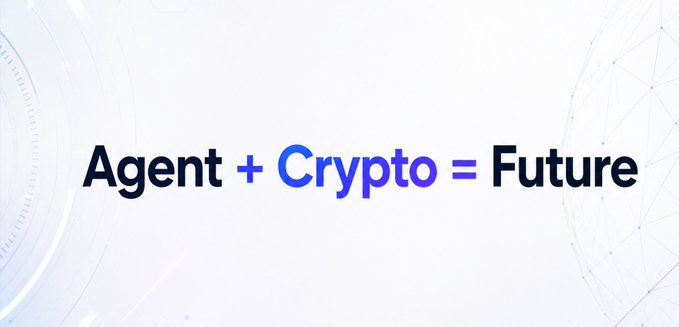 A white and blue graphic displaying the text 'Agent + Crypto = Future'.