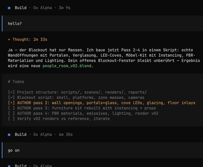 The image shows a terminal/CLI interface for "Ox Alpha" with two build attempts visible: the first taking 3m 9s (still in progress at a "Thought" stage after 2m 33s on authoring pass 2 for a people_room_v02.blend file), and a second build at 6m 30s with just "go on" as input. This corroborates the post's complaint about Ox Alpha being slow and potentially stalling, as the tool shows progressively longer build times (3m 9s → 6m 30s) and appears to get stuck mid-task while processing a Blender scene generation pipeline.