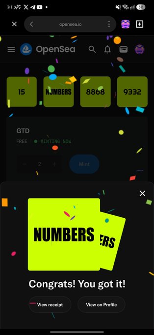 An OpenSea confirmation screen showing 'Congrats! You got it!' for purchasing a 'NUMBERS' NFT collection.