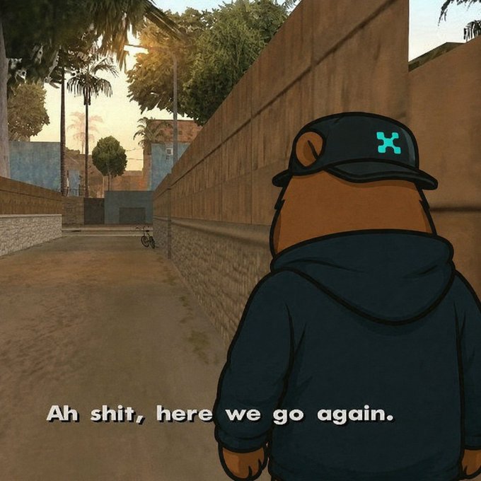 A cartoon bear wearing a black hoodie and a baseball cap with a cyan 'X' logo stands in a video game alleyway, captioned 'Ah shit, here we go again.'