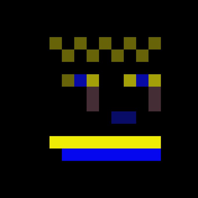 A pixel art face with yellow and blue eyes and a yellow and blue mouth/striped pattern on a black background.