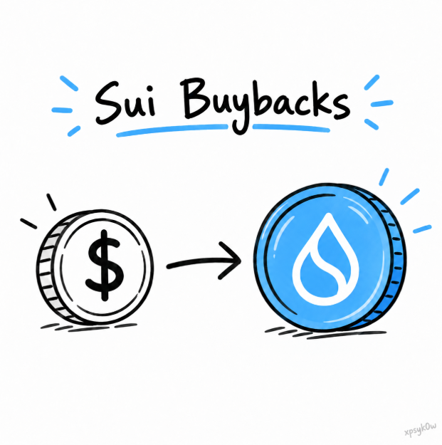 A hand-drawn illustration titled 'Sui Buybacks' showing a US dollar coin converting via an arrow into a blue Sui cryptocurrency coin.