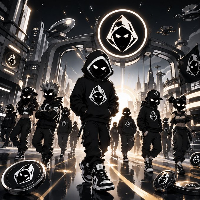 A group of hooded figures in black streetwear with glowing eyes stand together beneath a large illuminated hooded emblem, set against a futuristic cyberpunk cityscape with UFOs and tall buildings. The image visually represents the launch of "$HOOD" token Stage 1 presale, embodying the mysterious, exclusive "hood" community referenced in the post's crypto announcement.
