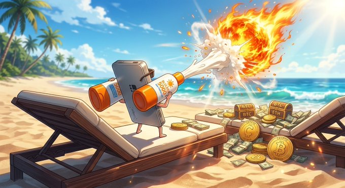 A cartoon sunscreen bottle character lounges on a beach chair while blasting fiery sunscreen from its nozzle, with Bitcoin coins and treasure chests spilling nearby. The whimsical scene captures Ledger's message about self-custody—suggesting that just as sunburns heal but lost crypto keys don't, protecting your Bitcoin with a hardware wallet is essential, even in paradise.