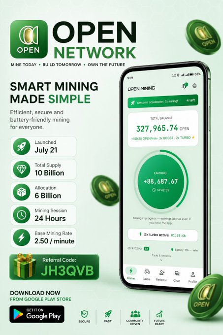 An advertisement for 'OPEN NETWORK' - a mobile mining app called 'OPEN Mining', showing a smartphone displaying a balance of 327,965.74 OPEN with earnings of +88,687.67, including a referral code 'JH3QVB'.