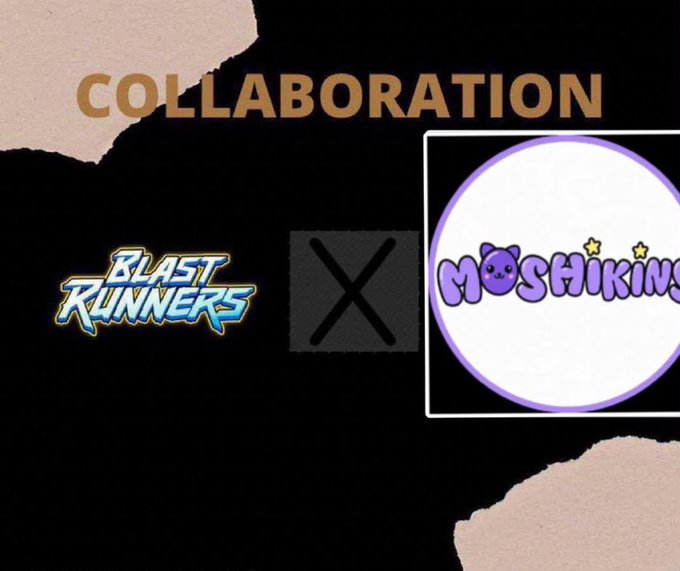 A collaboration announcement graphic featuring "BLAST RUNNERS" logo on the left and "MOSHIKINS" logo on the right, separated by a large "X" under the word "COLLABORATION" on a torn-paper background.