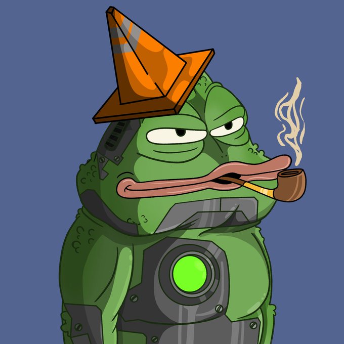 A smug cartoon frog with Pepe-like features smokes a wooden pipe while wearing a metallic orange crown and sci-fi armor against a blue background, fitting the absurd "somethingridiculous.fun" NFT branding that pairs a classic meme icon with over-the-top, hand-drawn absurdity.