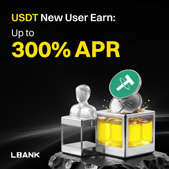 A dark promotional graphic for LBank advertises "USDT New User Earn: Up to 300% APR," featuring a silver figure in a transparent box beside an illuminated yellow cube topped with USDT coin icons, visually reinforcing the post's message of high-yield earning opportunities for new users.
