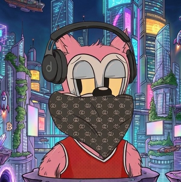 An illustration of a pink cartoon character (resembling Gossamer from Looney Tunes) wearing Beats headphones and a Gucci-patterned bandana over its face, set against a vibrant cyberpunk cityscape with neon buildings and Bitcoin imagery.