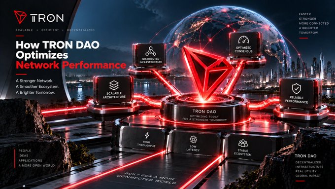 A promotional graphic for TRON DAO titled 'How TRON DAO Optimizes Network Performance,' highlighting features like scalability, distributed infrastructure, and low latency against a futuristic red and black cityscape background.