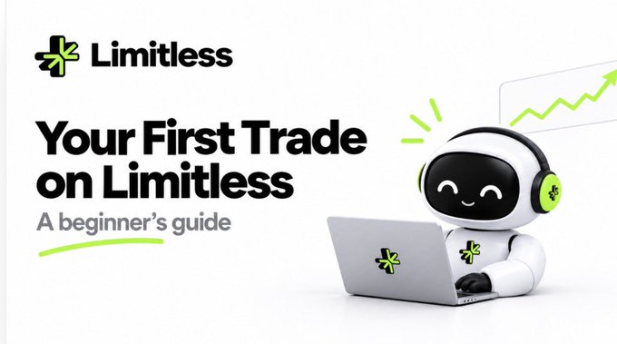 A promotional graphic for the Limitless app with the text 'Your First Trade on Limitless' and 'A beginner's guide', featuring a 3D robot character with headphones working on a laptop next to an upward-trending chart.