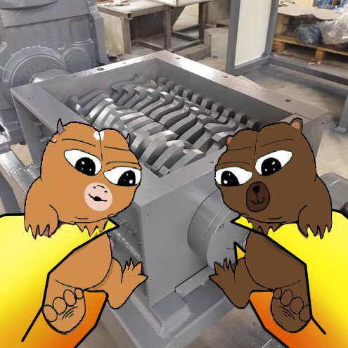Two cartoon bear characters in yellow shirts are superimposed in front of a large industrial shredder or crusher machine in a workshop setting.