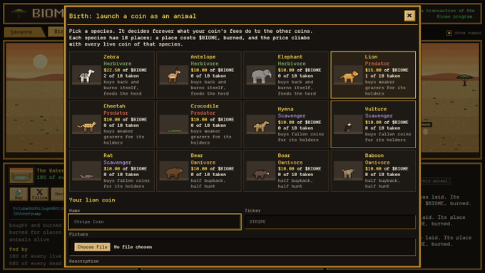 A game interface titled 'Birth: launch a coin as an animal' showing a species selection menu with animals like Zebra, Antelope, Elephant, Lion, Cheetah, Crocodile, Hyena, Vulture, Rat, Bear, Boar, and Baboon.