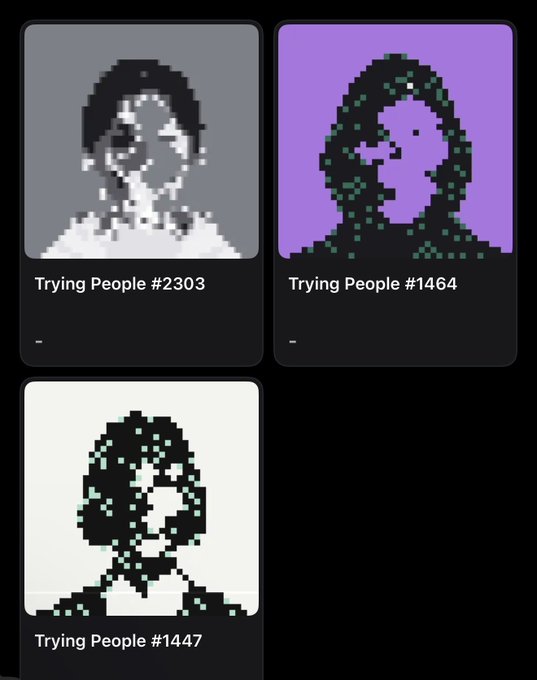 Three pixelated portrait cards titled 'Trying People #2303', 'Trying People #1464', and 'Trying People #1447' are displayed in a dark-themed grid layout.