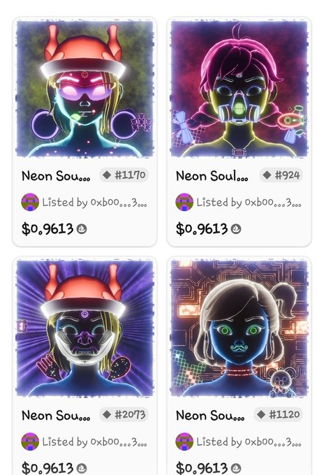 A screenshot showing four Neon Soul NFT listings (#1170, #924, #2073, #1120), each priced at $0.9613 and listed by 0xb0...3..., featuring neon-styled character portraits.