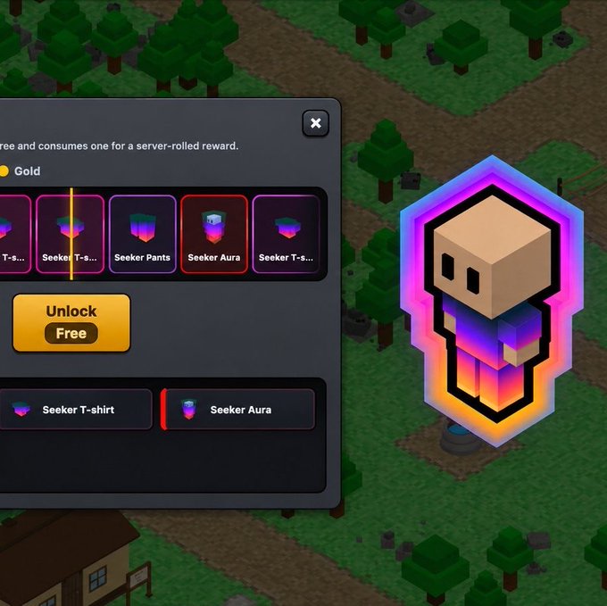 A video game interface shows a 'Seeker Aura' item highlighted for free unlock, with a blocky character icon displayed on the right.