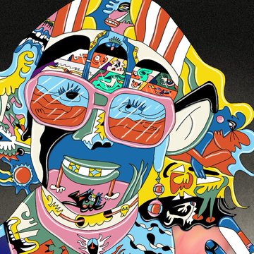 A vibrant, pop-art style illustration of a woman with sunglasses and a wide smile, composed of colorful abstract patterns, figures, and shapes against a dark background. The psychedelic, hand-drawn aesthetic mirrors the creative, one-of-a-kind (1/1) nature of the author's latest NFT minted on September 27, 2025.