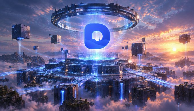 A futuristic, sci-fi cityscape with floating cube structures and a large ring above a central blue logo, set against a dramatic sunset sky.
