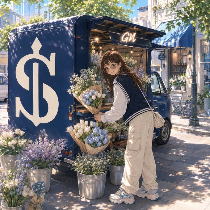 An anime-style illustration of a young woman with brown hair and a navy letterman jacket standing at the back of a blue flower delivery truck with "CS" logo, holding a bouquet of blue tulips surrounded by buckets of flowers on a sunny street.