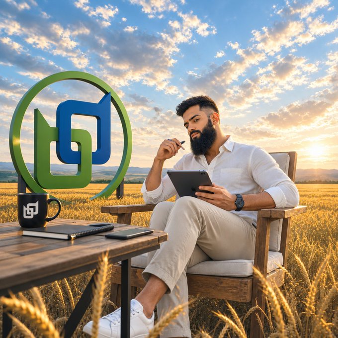A bearded man in a white shirt sits in a chair within a golden field, holding a tablet and stylus, with a large stylized logo resembling 'frunklab' and a branded mug nearby.