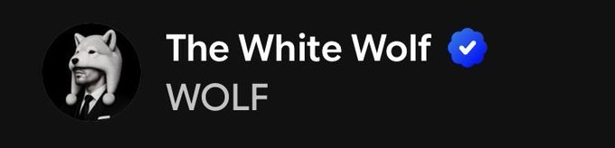 The image shows a verified social media profile for "The White Wolf" with the handle "WOLF," featuring a black-and-white avatar of a person wearing a wolf hat, alongside a blue checkmark indicating verification. This visually corresponds to the post celebrating the $WOLF token's official verification on Base.