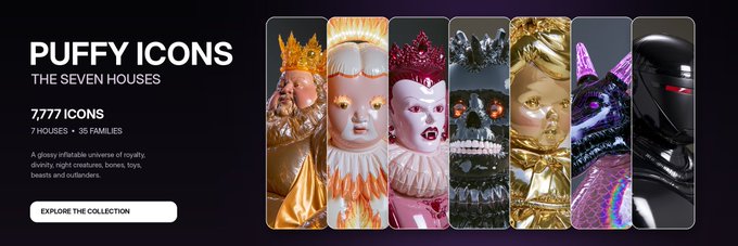 A promotional banner for 'PUFFY ICONS - THE SEVEN HOUSES' NFT collection featuring 7,777 icons across 7 houses and 36 families, displayed as a row of seven 3D character figures.