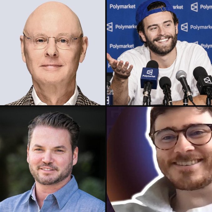 A four-panel collage featuring headshots of four men, including one wearing a Polymarket cap at a press conference with multiple microphones labeled Polymarket.