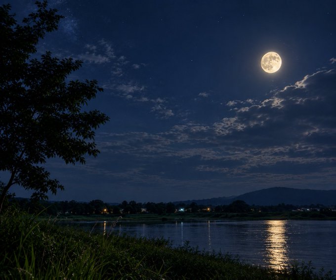 A serene nighttime landscape photograph showing a bright full moon illuminating scattered clouds over a calm lake, with moonlight reflecting on the water's surface, silhouetted trees on the left, distant mountains, and faint lights from buildings along the far shore.