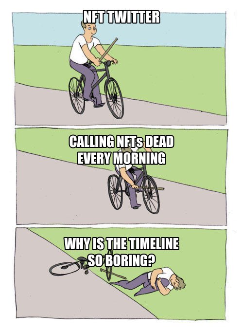A three-panel comic meme showing a man on a bicycle labeled "NFT TWITTER" who, after passing a stick in his wheel labeled "CALLING NFTs DEAD EVERY MORNING," crashes and asks "WHY IS THE TIMELINE SO BORING?" — humorously illustrating how NFT Twitter users sabotage their own engagement by repeatedly declaring NFTs dead, then complaining about the dull content.