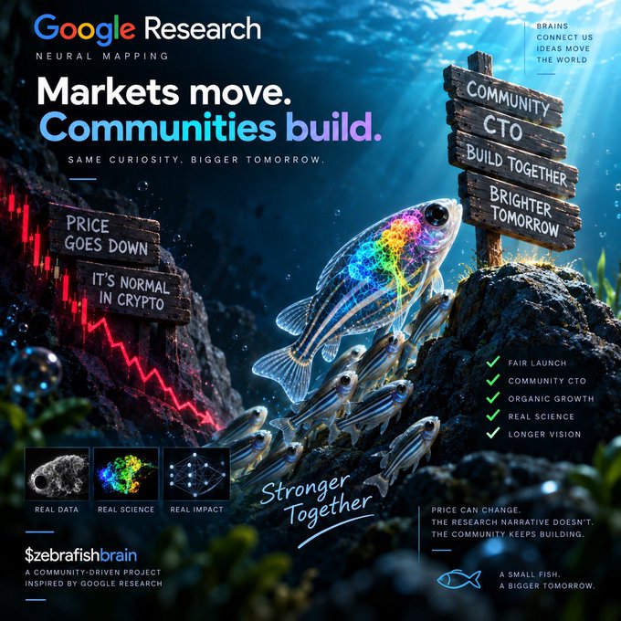 A Google Research promotional graphic titled 'Markets move. Communities build.' featuring a colorful zebrafish and text about fair launch, community CTO, and real science for the $zebrafishbrain project.