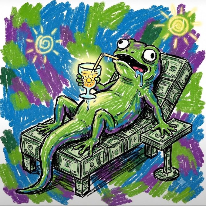 A green lizard relaxes on a throne of dollar bills, sipping a cocktail, with the number "100" visible on the money stacks. The image visually captures the post's message about hitting a new all-time high (ATH) on the $Lazi Lizard token, replacing a traditional airdrop with imagery of wealth, leisure, and crypto success.