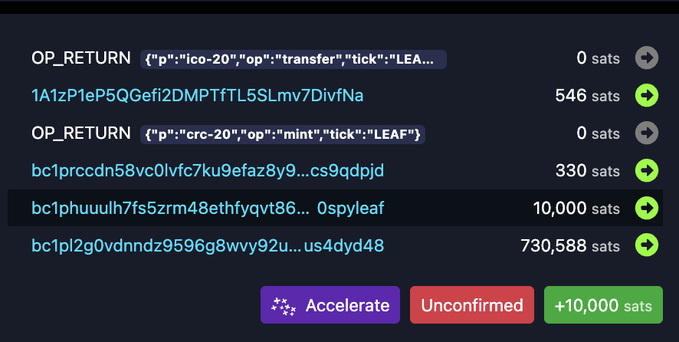 A cryptocurrency transaction interface showing OP_RETURN data, wallet addresses, and sat amounts including transactions for 546, 330, 10,000, and 730,588 sats, with buttons for Accelerate, Unconfirmed, and +10,000 sats.