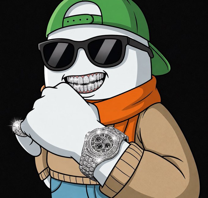 A cartoon illustration of a character with a green cap, sunglasses, and diamond-encrusted grill and watches, showing off their jewelry.