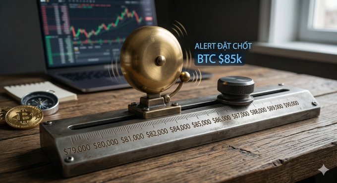 An image of a brass alert bell on a wooden base with a Bitcoin price scale, featuring text 'ALERT ĐẶT CHỐT BTC $85k' and showing BTC at ~$84,000.