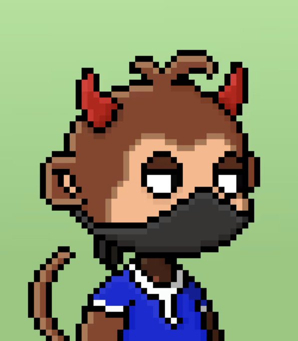 A pixel art portrait of a character with brown skin, a dark beard, small red horns on their head, and wide staring eyes, wearing a blue collared shirt against a light green background.