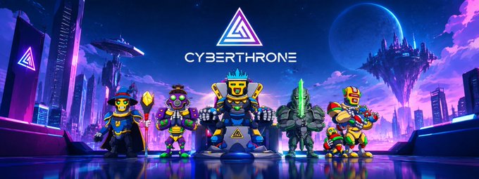Cyberpunk-themed banner for 'CYBERTHRONE' showing five armored, stylized warrior characters standing in front of a futuristic neon cityscape with floating islands.