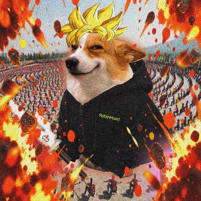 A digital artwork showing a dog wearing a black hoodie labeled 'RobinHood' with spiky yellow anime-style hair, holding a sword, set against a fiery battle scene background.