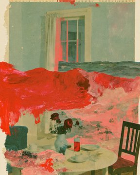 An interior room scene features a dining table with flowers in the foreground, while a vibrant red and pink abstract paint stroke obscures the middle of the composition beneath a window.