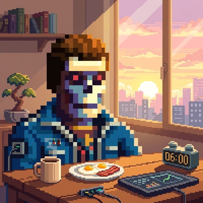 A pixel art illustration shows a bearded man sitting at a desk with a plate of eggs and bacon, a coffee mug, and a keyboard, with a digital clock reading 06:00 against a sunset cityscape.