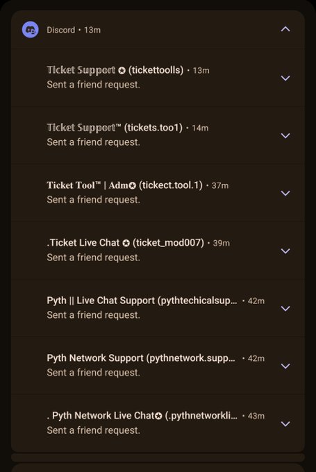 Discord notifications showing multiple ticket support bot friend requests from users like 'tickettooljs', 'tickets_too1', 'tickect.tool.1', 'ticket_mod007', 'pythtechicalsupp...', 'pythnetwork.supp...', and 'pythnetworkli...' with timestamps ranging from 13m to 43m.