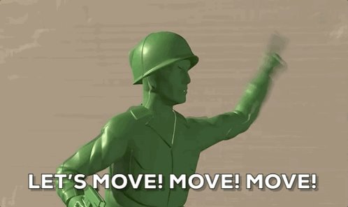 The image features a green toy soldier with a helmet, standing against a beige background. Below the soldier's head, there are three lines of text that read "Let's move! Move!", which suggests that the soldier is encouraging people to engage in physical activity or exercise. The post appears to be related to fitness and health, as indicated by the use of the toy soldier as an example.