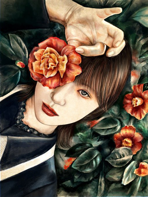 A surrealist painting features a woman with a large orange flower covering one eye, a disembodied hand hovering above her head, and green leaves and red flowers in the background.