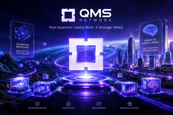 A promotional graphic for 'QMS NETWORK' with the tagline 'Post-Quantum. Useful Work. A Stronger Web3.' and features for 'QUANTUM RESISTANT' and 'PROOF OF USEFUL WORK' over a futuristic purple cityscape.