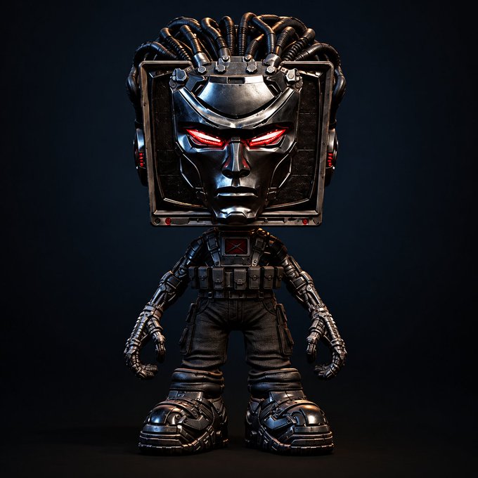 A 3D-rendered chibi-style figure featuring a large metallic robotic head with cybernetic tendrils and glowing red eyes, mounted on a small armored body with tactical gloves and boots.