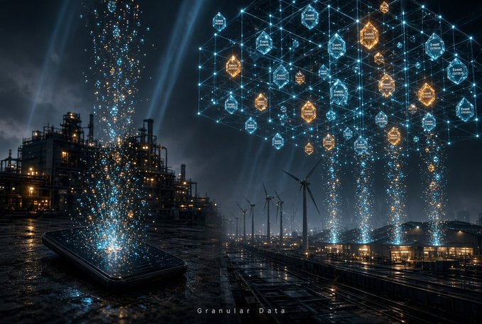 A dark, industrial scene shows a smartphone emitting blue data particles upward, with a blockchain network of hexagonal 'Event Source' nodes floating above wind turbines and factories, labeled 'Granular Data' at the bottom.