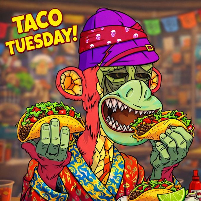 A colorful cartoon illustration features a green monkey wearing a purple bandana and robe, holding two tacos, with bold yellow text reading 'TACO TUESDAY!'.