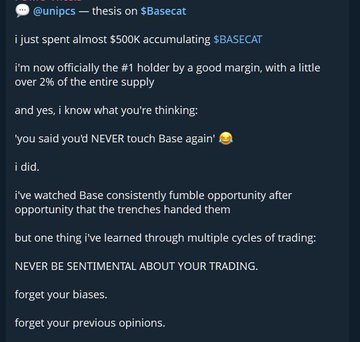A screenshot of a tweet from @unipcs announcing they spent $500K accumulating $BASECAT to become the top holder with over 2% of supply, breaking their earlier promise to avoid Base memecoins due to the project's repeated fumbles. The image doesn't directly relate to $DRB or Elon Musk, but both posts share a theme of bullish conviction and significant capital commitment to memecoins they believe will surge.