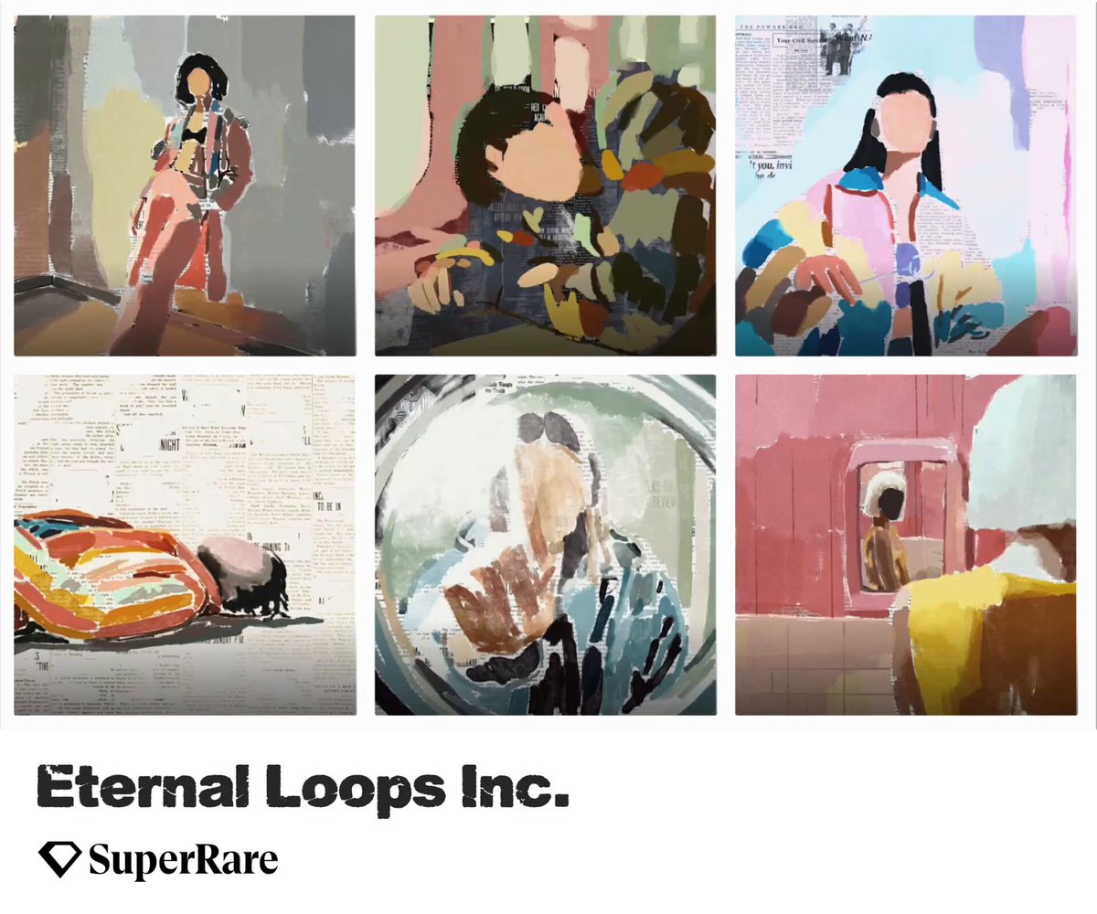 The image is a collage featuring six separate images of people depicted in various poses, including some standing upright and others lying down or sitting. The art style resembles abstract art with colors ranging from pink to blue and yellow accents. The background appears to be a wall painted in shades of gray, which contrasts with the vibrant colors in the foreground. Above this collage is text that reads "gm Eternal Loops Inc. Super Rare". This suggests that these images might have been created for an album or video game related to the brand or artwork.